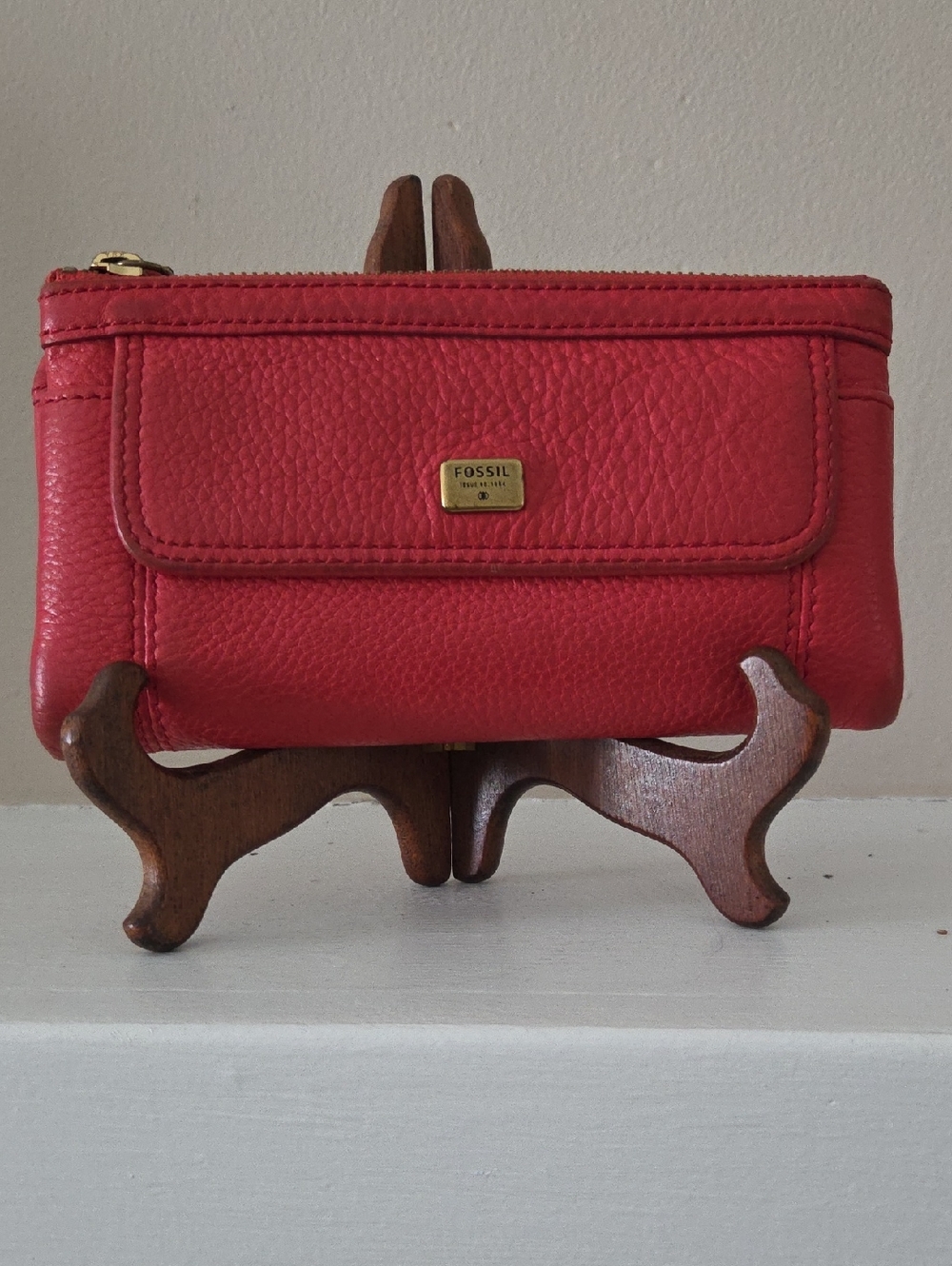 Fossil Red Pebbled Leather Zip Wallet with Front Flap